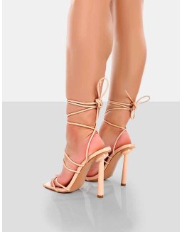 Make Way Nude Patent Strappy Lace Up Square Toe Stilettos
