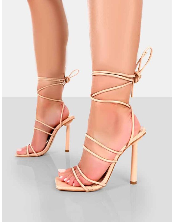 Make Way Nude Patent Strappy Lace Up Square Toe Stilettos