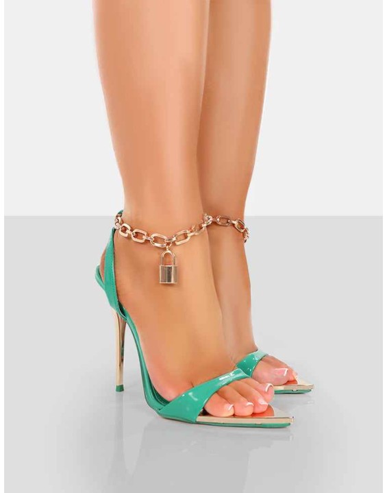 Triumph Teal Patent Gold PU Lock Chain Detail Stiletto Heels