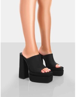 Skyhigh Black Satin Chunky Platform High Heeled Mules
