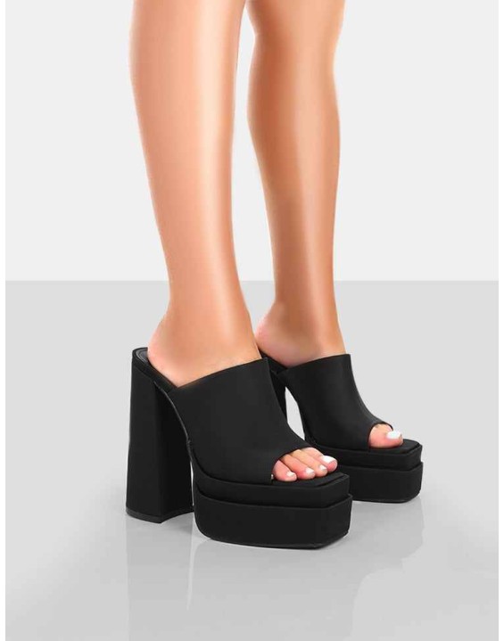 Skyhigh Black Satin Chunky Platform High Heeled Mules