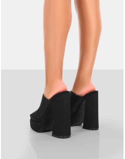 Skyhigh Black Satin Chunky Platform High Heeled Mules