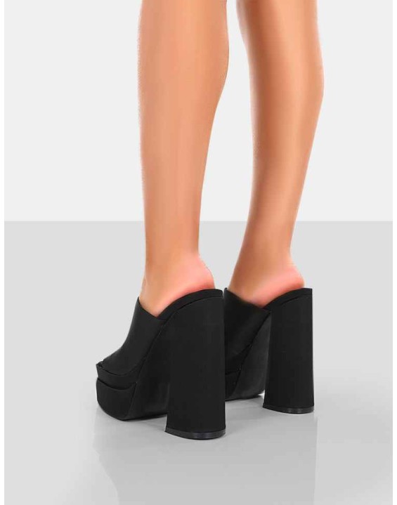 Skyhigh Black Satin Chunky Platform High Heeled Mules