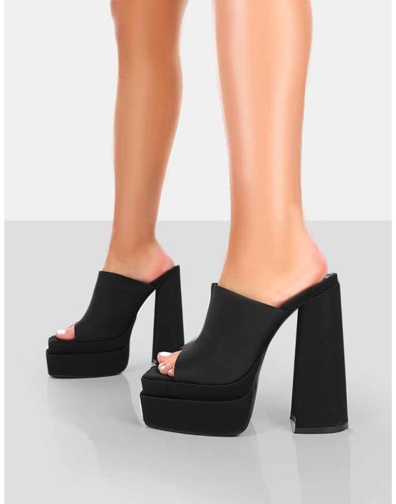Skyhigh Black Satin Chunky Platform High Heeled Mules