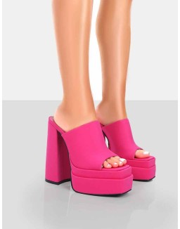 Skyhigh Pink Satin Chunky Platform High Heeled Mules