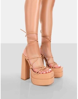 Glow Girl Nude PU  Lace Up Platform High Heels