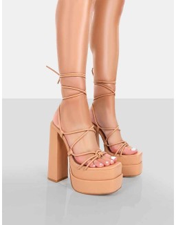 Glow Girl Nude PU  Lace Up Platform High Heels