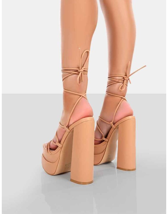 Glow Girl Nude PU  Lace Up Platform High Heels