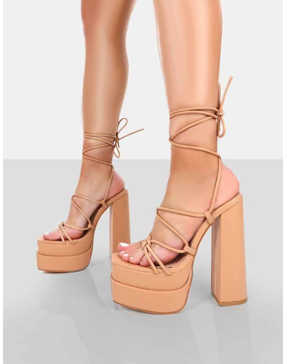 Glow Girl Nude PU  Lace Up Platform High Heels