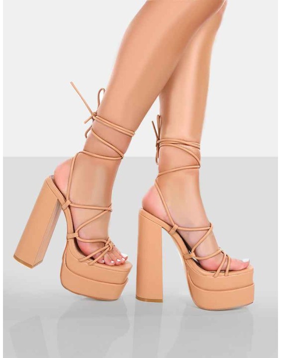 Glow Girl Nude PU  Lace Up Platform High Heels