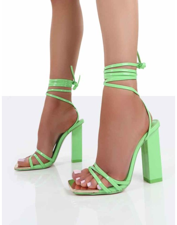 Amira Wide Fit Green Patent Lace Up Block Heels