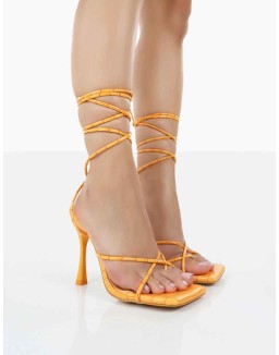 Imogen Orange Croc Square Toe Strappy Lace Up Heels