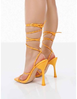 Imogen Orange Croc Square Toe Strappy Lace Up Heels