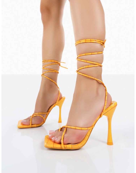 Imogen Orange Croc Square Toe Strappy Lace Up Heels