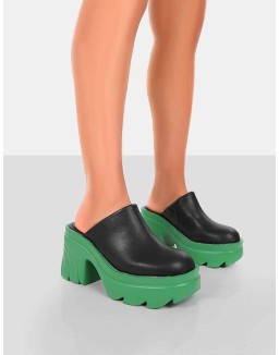 Sandi Green PU Chunky Sole Block Heeled Mules