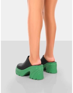 Sandi Green PU Chunky Sole Block Heeled Mules