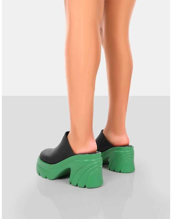 Sandi Green PU Chunky Sole Block Heeled Mules