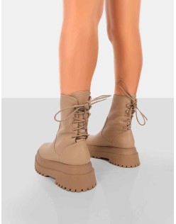 Noelle Camel Chunky Sole Lace Up Detail Ankle Boots