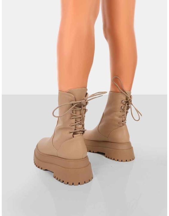 Noelle Camel Chunky Sole Lace Up Detail Ankle Boots