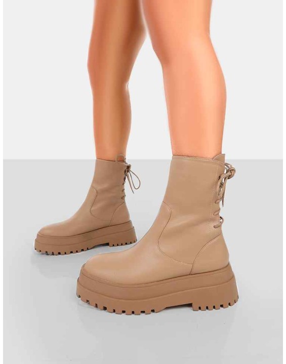 Noelle Camel Chunky Sole Lace Up Detail Ankle Boots
