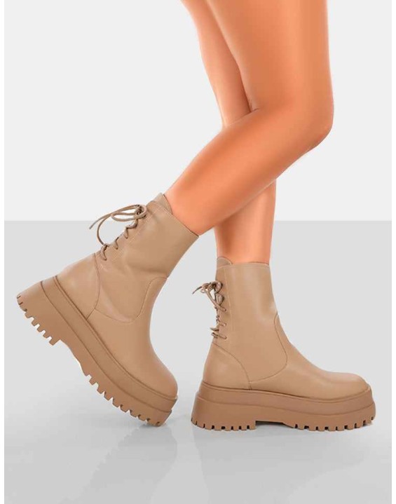 Noelle Camel Chunky Sole Lace Up Detail Ankle Boots