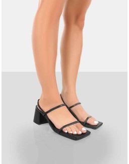 Just Realise Black PU Strappy Square Toe Mid Block Heeled Sandals