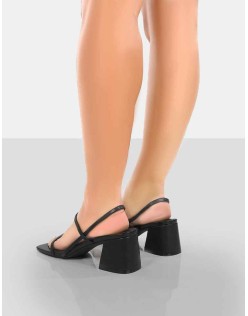 Just Realise Black PU Strappy Square Toe Mid Block Heeled Sandals