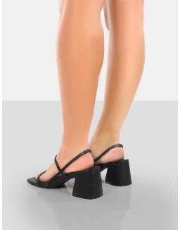Just Realise Black PU Strappy Square Toe Mid Block Heeled Sandals