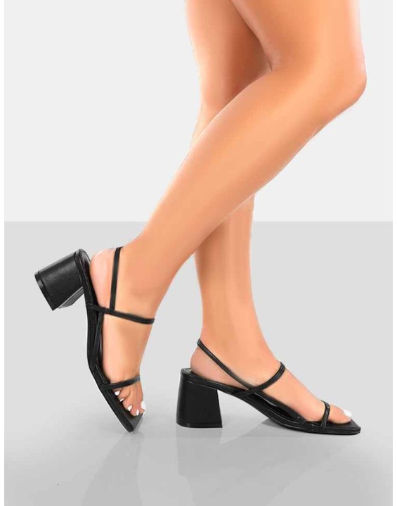 Just Realise Black PU Strappy Square Toe Mid Block Heeled Sandals