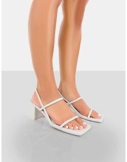Just Realise Wide Fit White PU Strappy Square Toe Mid Block Heeled Sandals