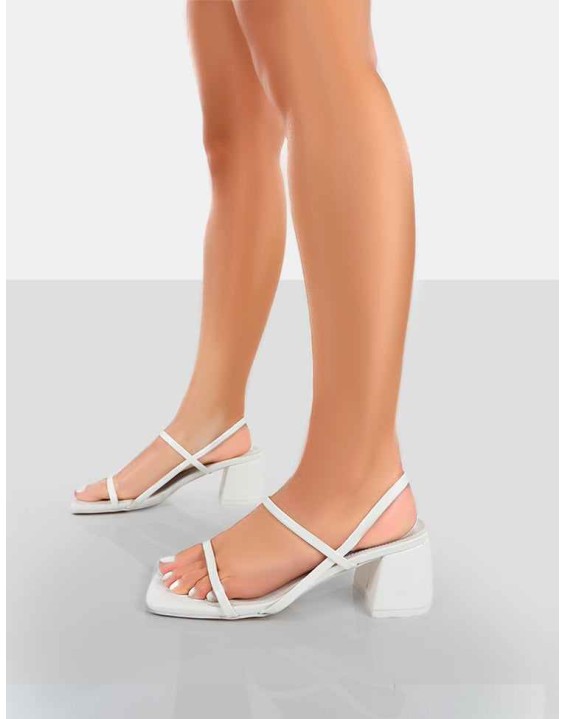 Just Realise Wide Fit White PU Strappy Square Toe Mid Block Heeled Sandals