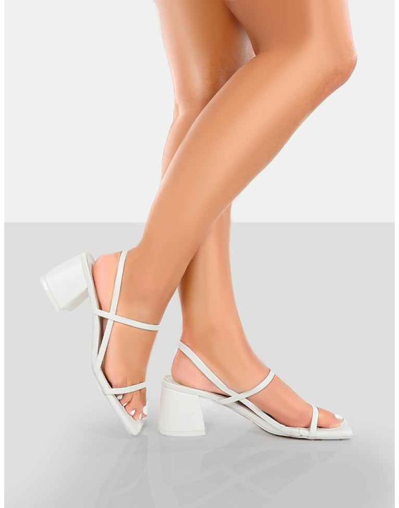 Just Realise Wide Fit White PU Strappy Square Toe Mid Block Heeled Sandals