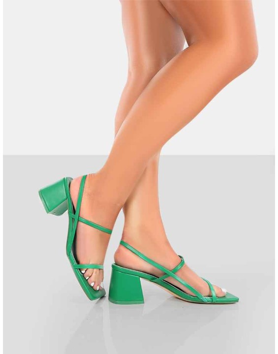 Just Realise Wide Fit Green PU Strappy Square Toe Mid Block Heeled Sandals