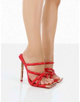 Coincidence Red PU Strappy Square Toe Stiletto Heels