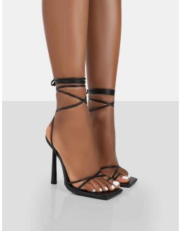 Ci Ci Black Pu Square Toe Lace Up Stiletto Heels