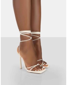 Ci Ci Ecru Pu Square Toe Lace Up Stiletto Heels