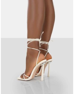Ci Ci Ecru Pu Square Toe Lace Up Stiletto Heels