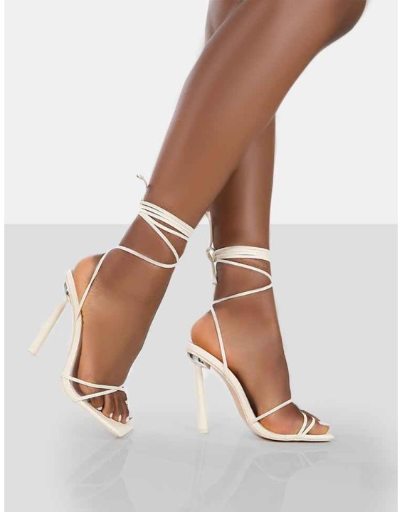 Ci Ci Ecru Pu Square Toe Lace Up Stiletto Heels