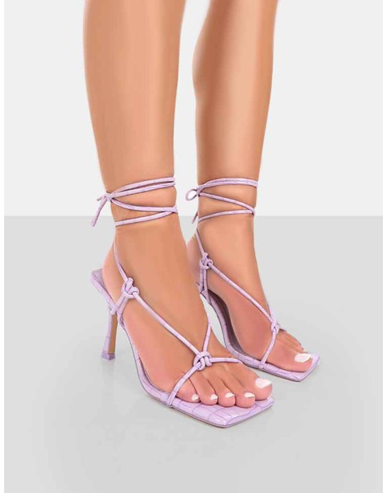 Harriet Lilac Croc Square Toe Lace Up Heels