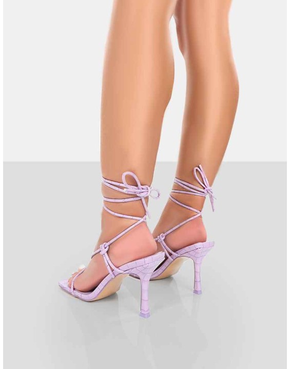 Harriet Lilac Croc Square Toe Lace Up Heels