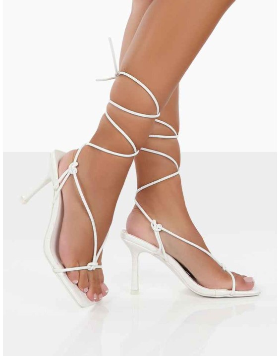 Harriet White Croc Square Toe Lace Up Heels