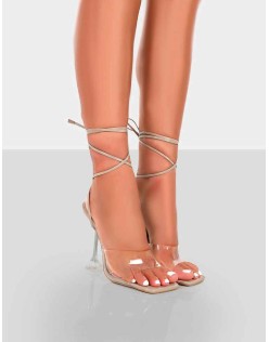 Bly Nude Patent Perspex Cake Stand Lace Up Square Toe Heels
