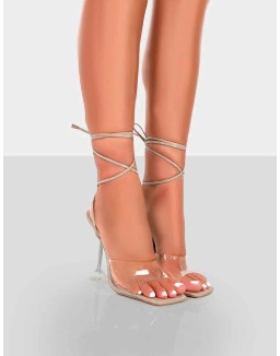 Bly Nude Patent Perspex Cake Stand Lace Up Square Toe Heels