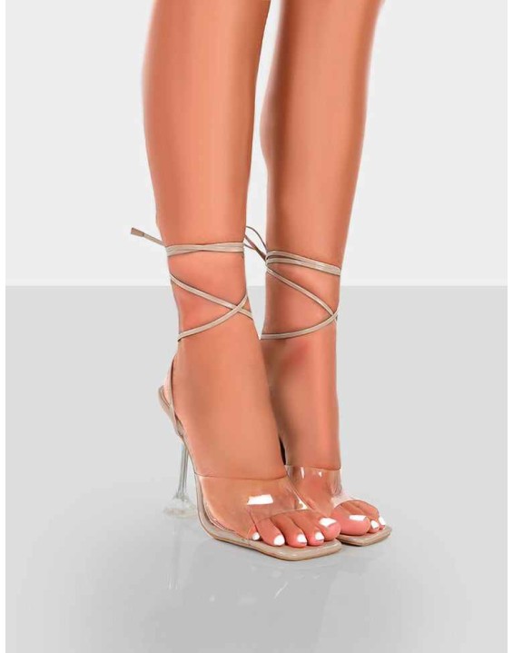Bly Nude Patent Perspex Cake Stand Lace Up Square Toe Heels