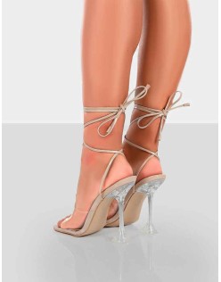 Bly Nude Patent Perspex Cake Stand Lace Up Square Toe Heels