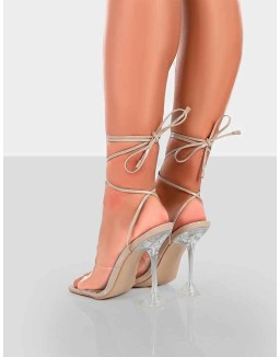 Bly Nude Patent Perspex Cake Stand Lace Up Square Toe Heels