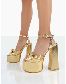 Knot On Gold Pu Knotted Platform High Heeled Sandals