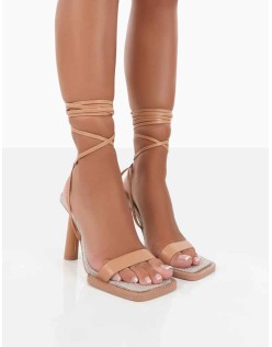 Province Nude Square Toe Strappy Lace Up Heels