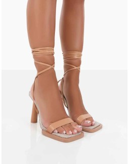 Province Nude Square Toe Strappy Lace Up Heels