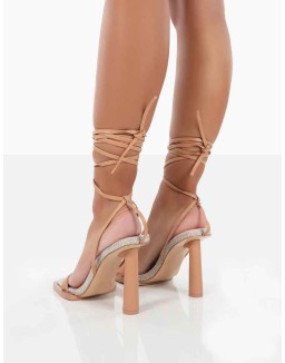 Province Nude Square Toe Strappy Lace Up Heels